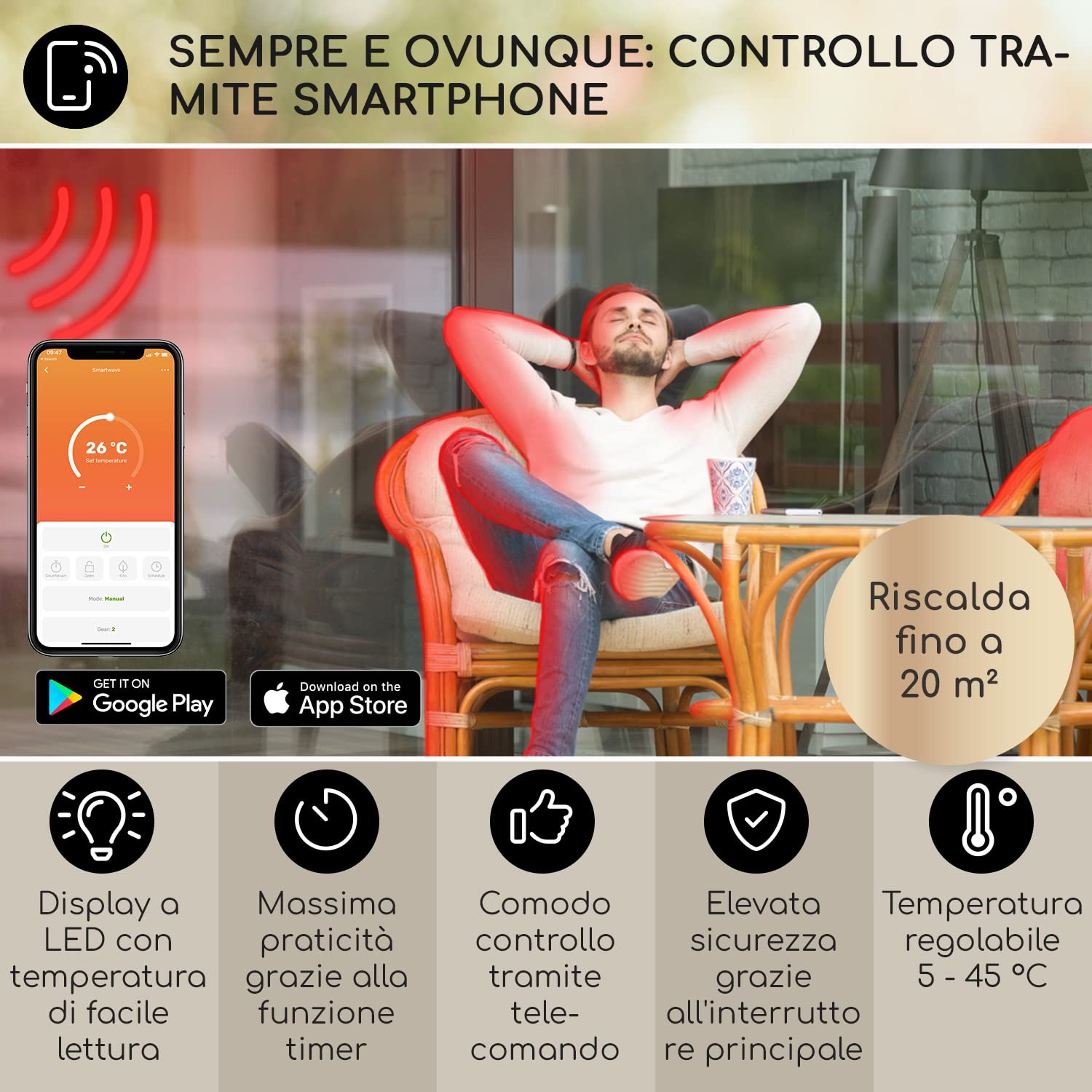 KLARSTEIN Smartwave - Lampada Infrarossi Riscaldante, Lampada Riscaldante a Raggi Infrarossi, IR ComfortHeat, Fibra di Carbonio, 2400 W, Termostato, Controllo con App e Wi-Fi per 7 Dispositivi, Nero