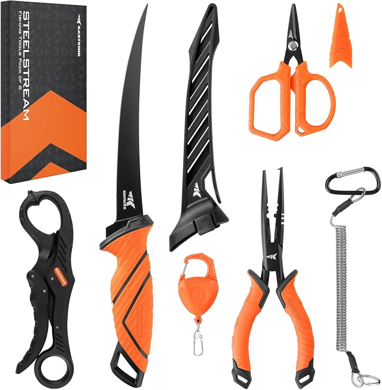 KastKing SteelStream Kit de herramientas de pesca de 6 piezas, equipo de pesca | Alicates resistentes a la corrosión con cordón, cuchillo para filetear, pinza flotante para labios de pez, tijeras trenzadas de pesca, retractor de herramientas