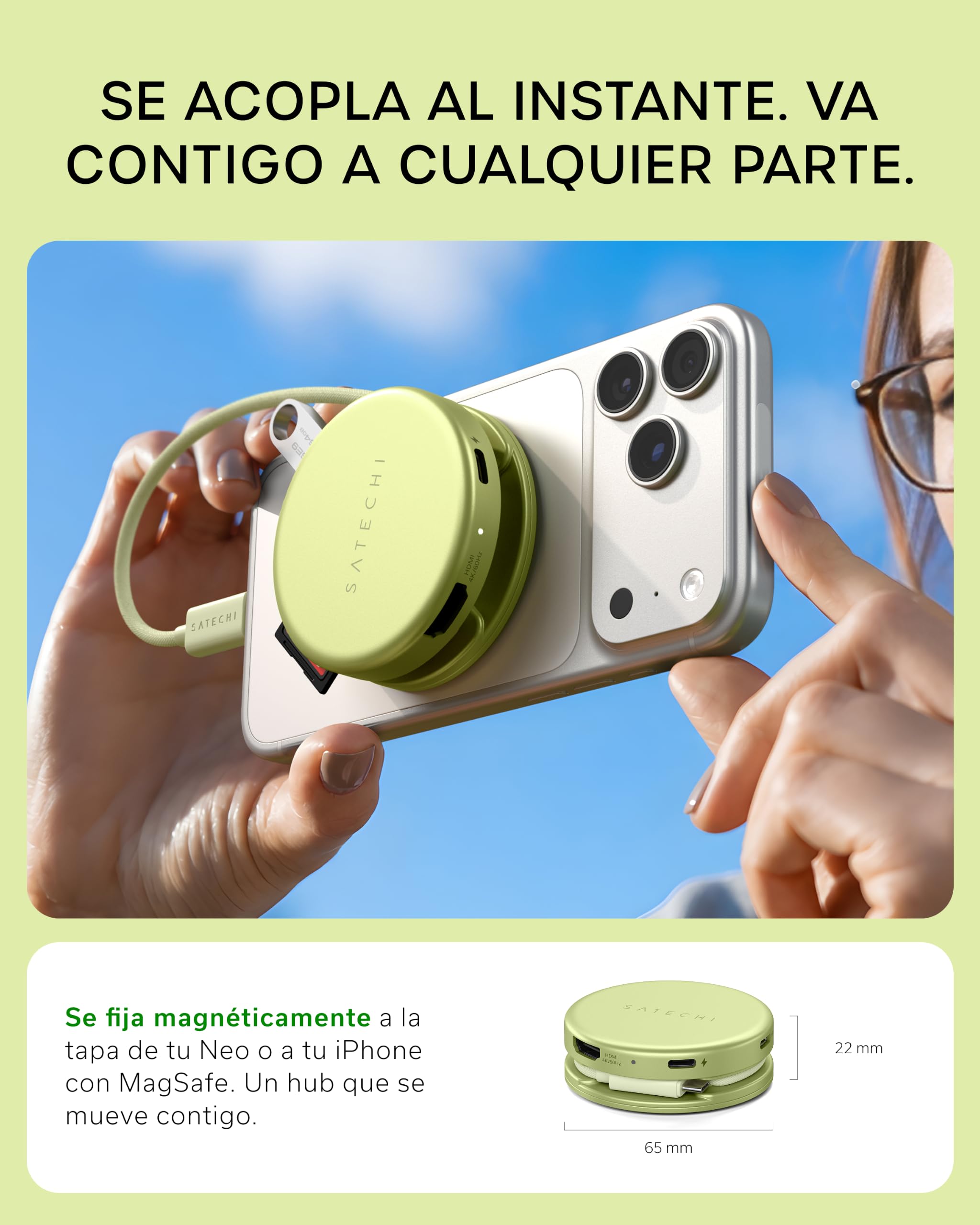 SATECHI OntheGo Hub USB C Magnético 5 en 1, PD 60W, HDMI 4K, Cítrico | Cable enrollable incorporado, montaje magnético, 4K@60Hz, lector SD, USB-C/USB-A 5Gbps, para MacBook, iPad, Windows y más