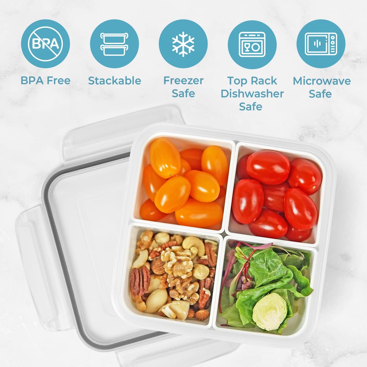carrotez 4 Compartment Food Storage Containers, Portion Control Container, Meal Prep Container, Reusable, Microwave Safe, 4.6 Cup (1100ml), Pack of 2