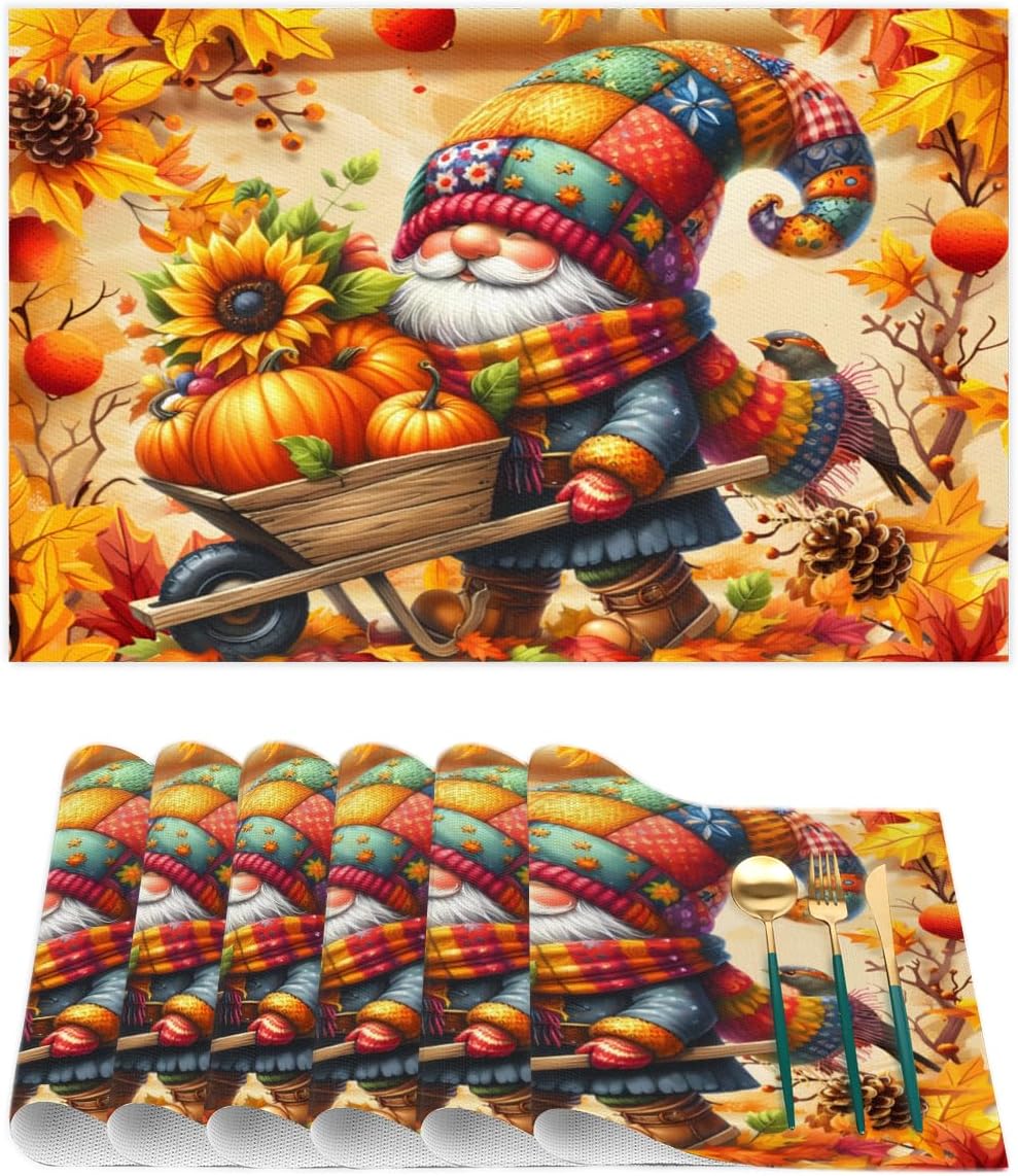 Autumn Gnome Pumpkin Flower Placemats Set of 6 PVC Vinyl Non Slip Table Mats Heat Resistant Place Mats Washable Wipeable Dining Table Mat for Kitchen Decor Party Indoor Outdoor Decorative Gift