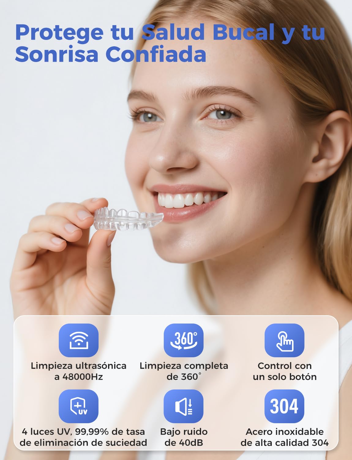 Limpiador Ultrasonidos Dental 48000Hz, Ultrasonic Cleaner 200ml para Lampara UV, para Limpieza Dentaduras/Ferula Dental/Retenedores/Aligner/Cabezas de Cepillos de Dientes/Joyas, Blanco