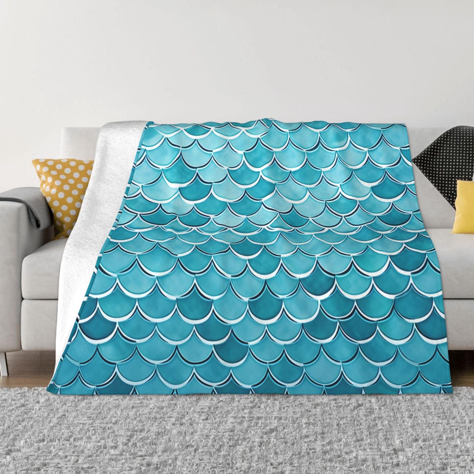 Blue Waves Squama Mermaid Scale Throw Blanket 40"x30" Flannel Fluffy Warm Blanket for Couch, Reversible Plush Blankets for Bed, Comfy Fuzzy Blanket for Sofa, Plush Lightweight-Blankets for All Season