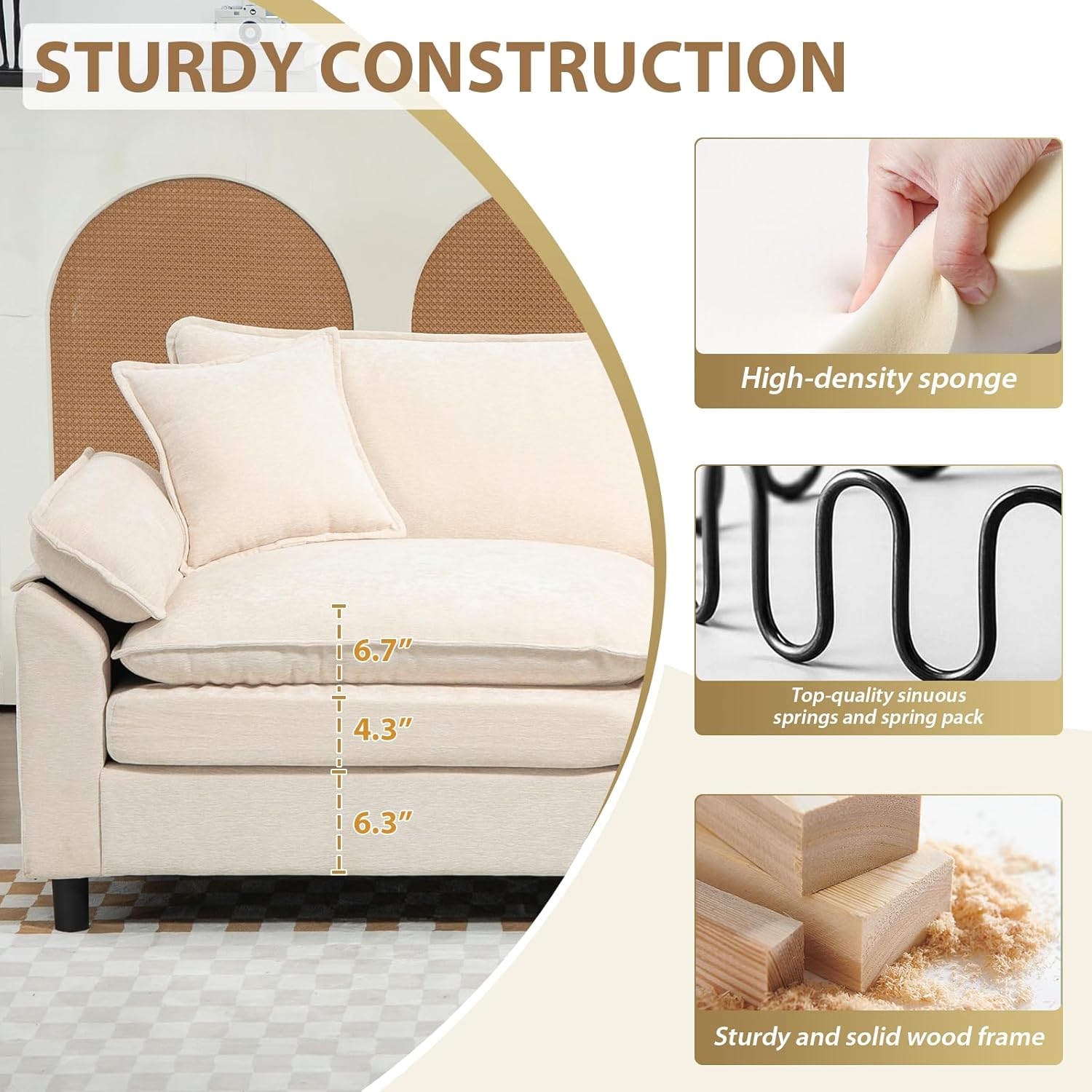 Oversized Modular Sectional Sofa, 80 Inch L Shaped Cloud Couch Set, 2-Seat Comfy Convertible Sofa with 1 Movable Ottoman, DIY Combination Sleeper Couch for Living Room(Chenille, Beige) 2-Seat & 1-Ottoman(L) Beige