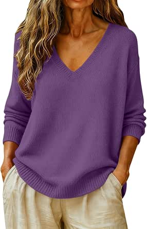 Cashmere Sweaters for Women Long Sleeve V-Neck Knit Pullover Tops
