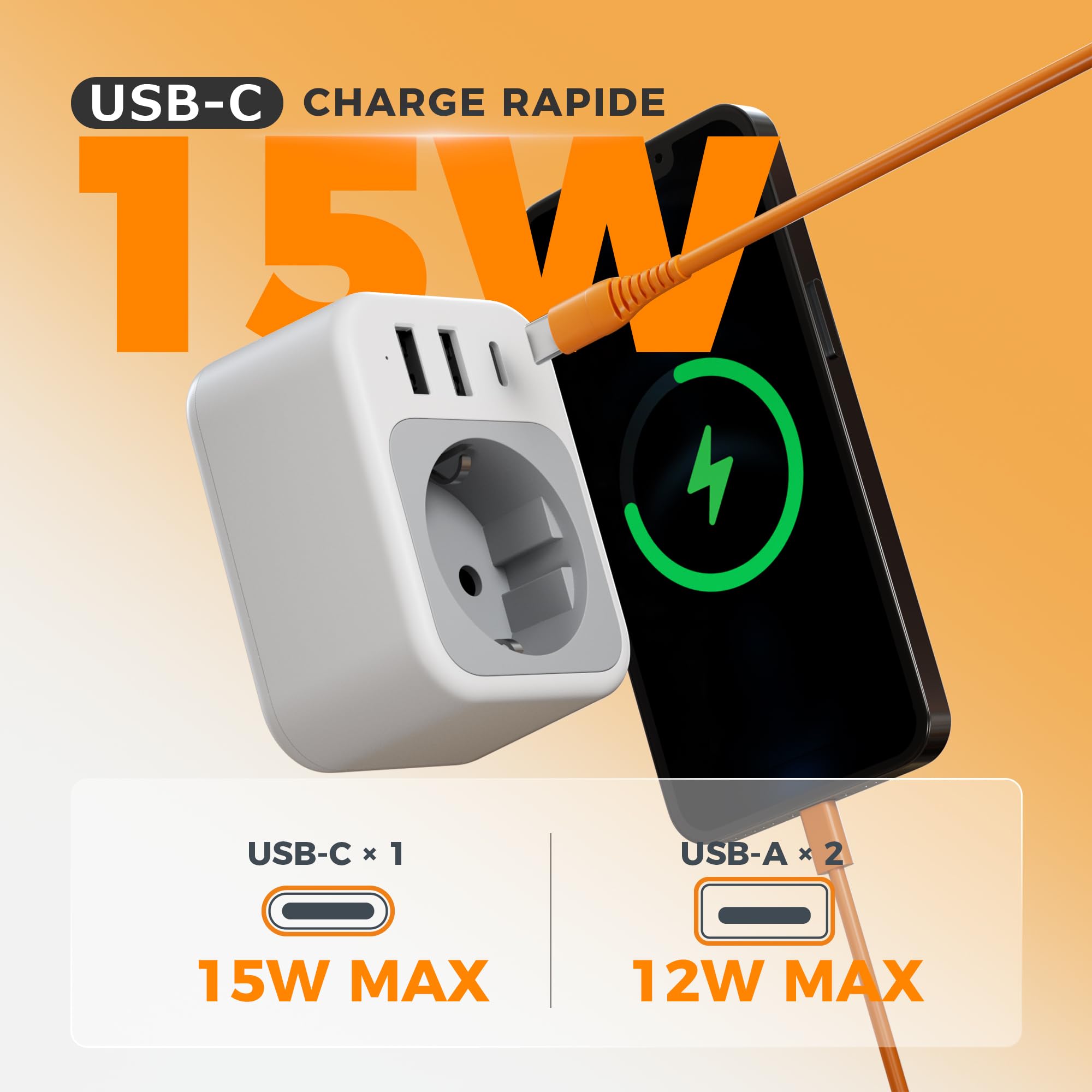 TESSAN Lot de 2 Adaptateur Prise USA, 4 en 1 Adaptateur Prise Americaine avec USB C et 2 USB A, Adapter Americaine 1875 W, Adapter France vers USA, Type B pour Thaïlande Canada Mexique