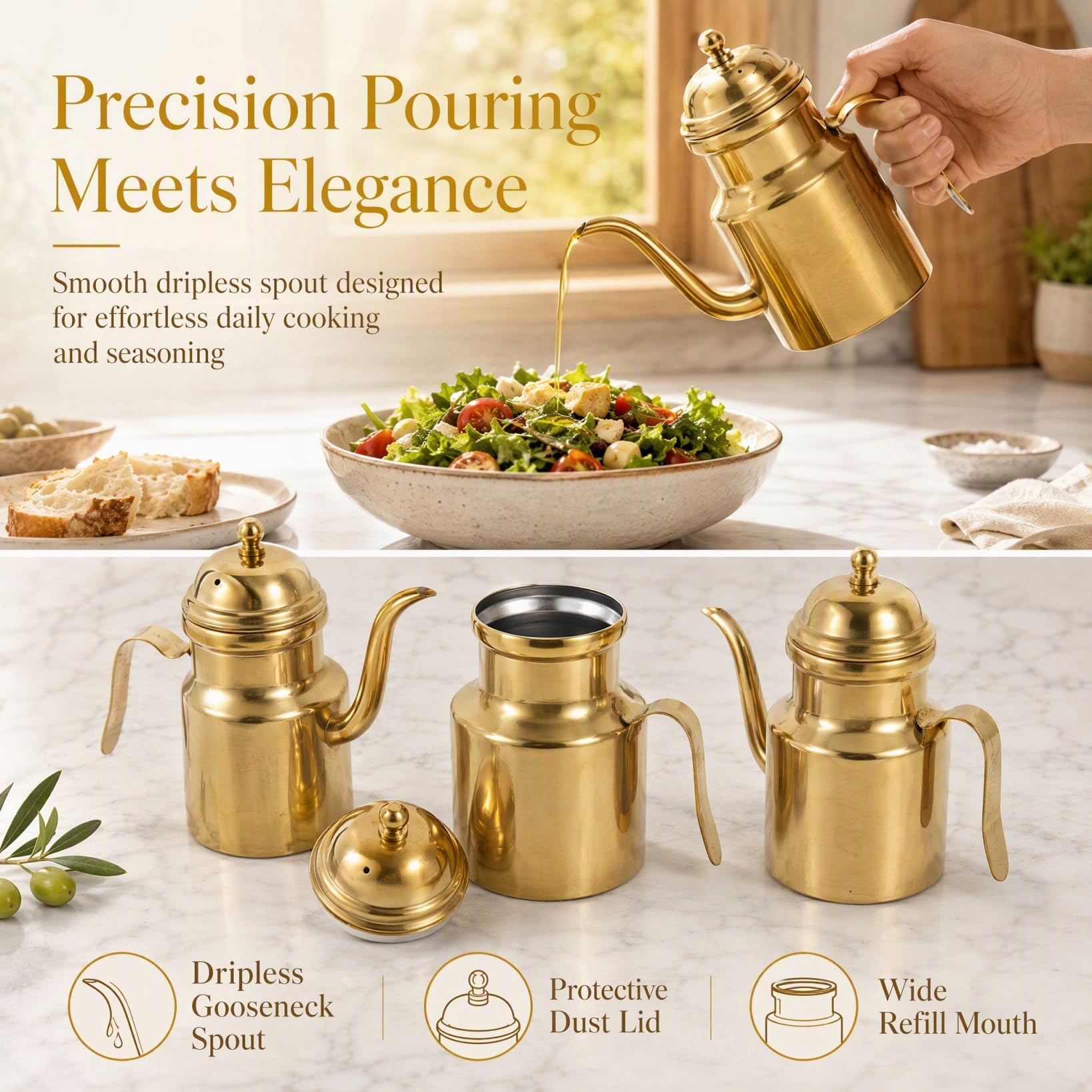 Housoutil Dispenser per aceto in acciaio inox, bottiglia per olio d'oliva, bottiglia per salsa, bottiglia da 680,4 g in acciaio inox, dispenser per olio e aceto, contenitore per casa e cucina, dorato