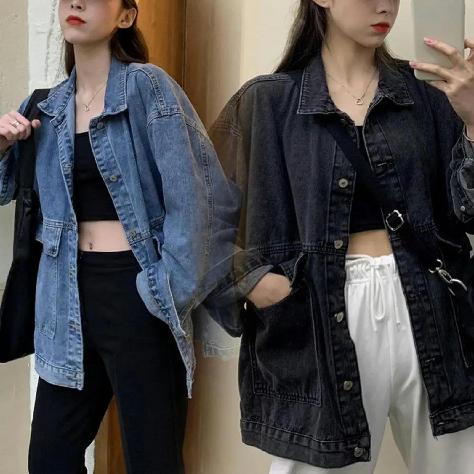 Giacca Uomo Giacche Jeans per Donne alla Moda Sovradimensionati Oversize Giunta di Cassa Caduta con Tasche con Tasche