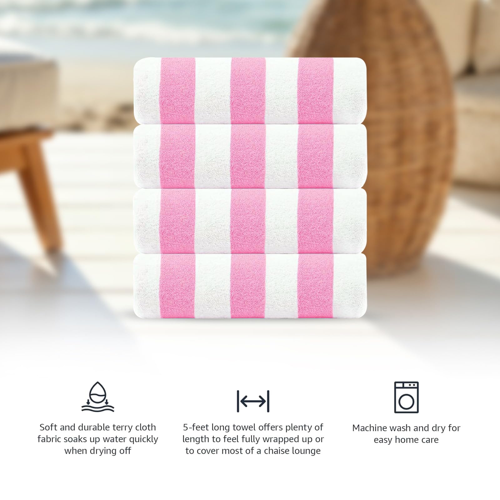 Casa Copenhagen-Cabana 4Pieza de Playa–Rayas de diseño (Rosa empolvado)–Tamaño XL 76x152cm Toallas 100% algodón para Piscina y baño–Caja de Regalo para Mujeres y Hombres
