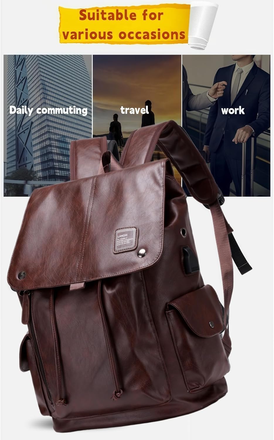 PU leather backpack, casual backpack men women. USB charging port. Suitable for work, commuting, traveling, etc. (Brown) - Image 3