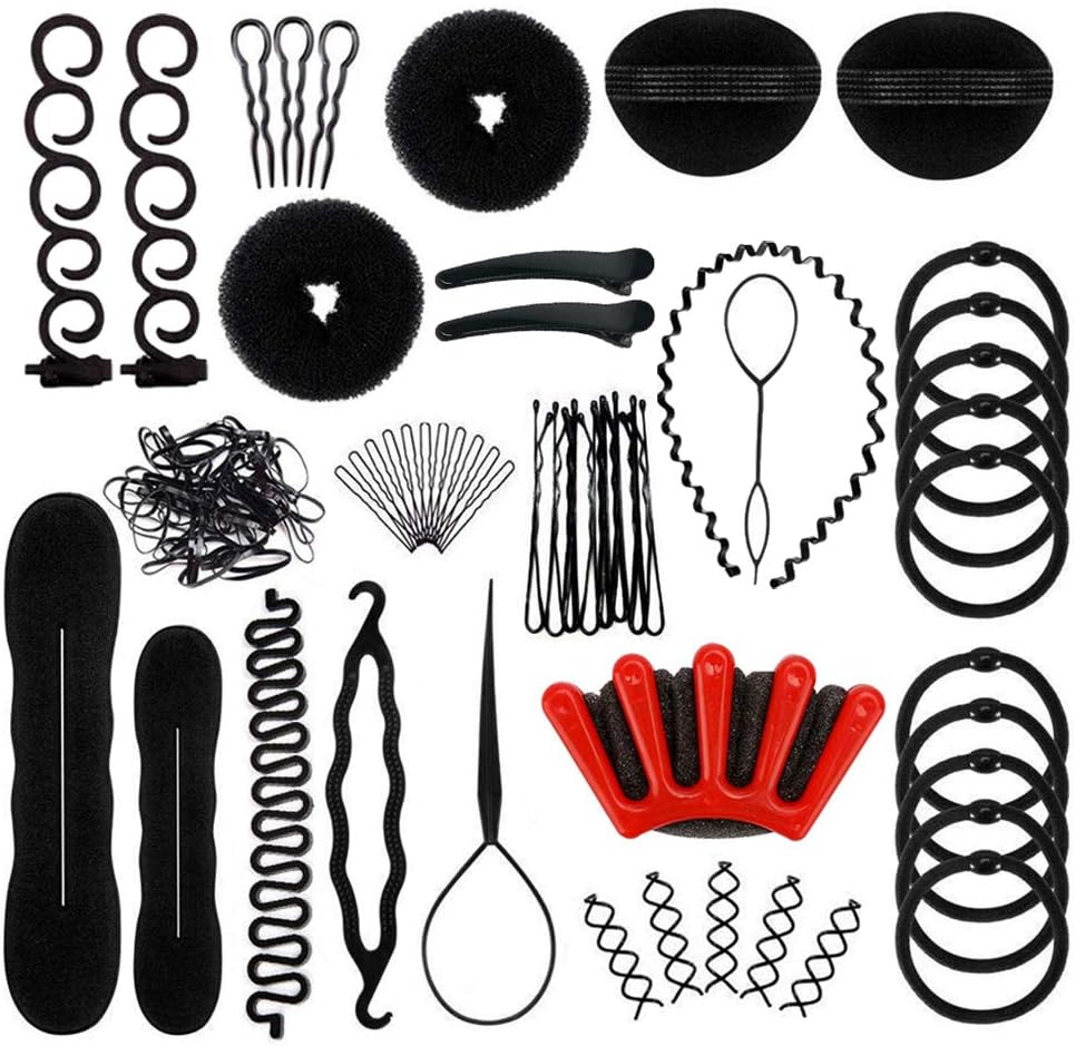Hair Styling Accessories Set, 27Pcs Hair Bun Maker Shaper/French Hair Braiding Tools Kit with Black Hair Clips/Pins/Braider/Loop, Hair Accessories for Women Girls Fast Spiral Braid Hair Modelling