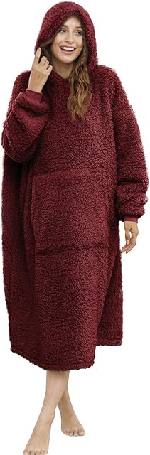 ililmmoe Sherpa Wearable Blanket Oversized Hoodie Sweatshirt TV Blanket with Long Sleeves and Pocket-WineRed