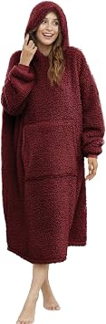 Sherpa Wearable Blanket Oversized Hoodie Sweatshirt TV Blanket with Long Sleeves and Pocket -WineRed