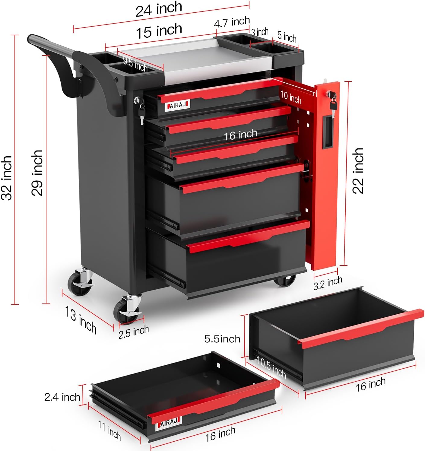 5-Drawer Tool Chest with Wheels, Rolling Tool Chest with Side Drawer,Tool Cabinet Drawers lockable,Tool Cart with Top compartment,for Garage Storage,Workshop,Home,Safety Rounded Corner Anti-collision