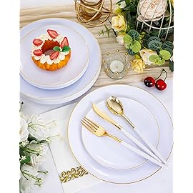 Supernal 350pcs Gold Plastic Dinnerware Set for 50 Guests,Fancy Disposable Plates for Party,Gold Plastic Silverware with White Handle,Disposable White Plates Wedding,Birthday