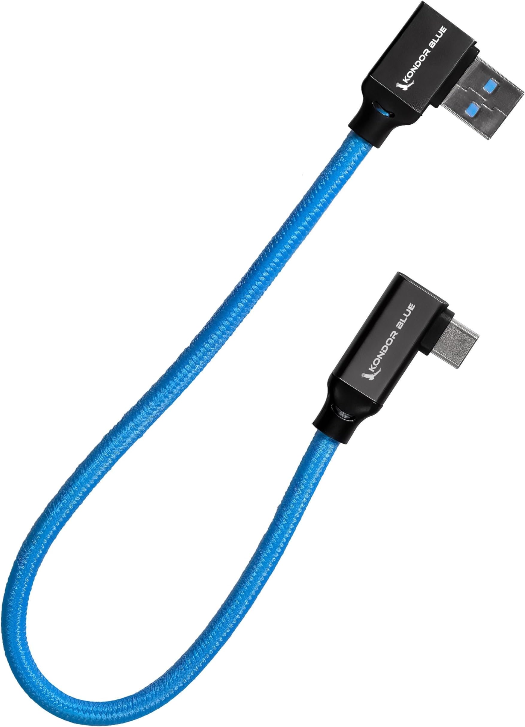 KONDOR BLUE | USB-A to USB-C 3.0 Right Angle High Speed Data and Charging Cable 3A 60W 5G | 1FT Ultra-Durable, & Nylon Braided with Reinforced Metal Connectors | Blue