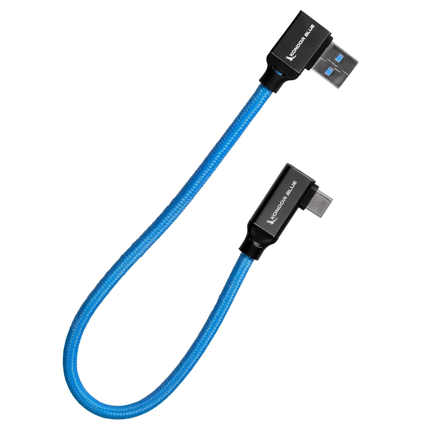 KONDOR BLUE | USB-A to USB-C 3.0 Right Angle High Speed Data and Charging Cable 3A 60W 5G | 1FT Ultra-Durable, & Nylon Braided with Reinforced Metal Connectors | Blue