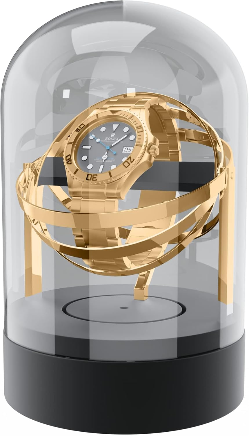 Elestoria Orbit Watch Winder – Single Automatic Watch Winder with Glass Display Cover | Quiet Motor, Gyroscope Rotation, Luxury Mechanical Watch Winder Box