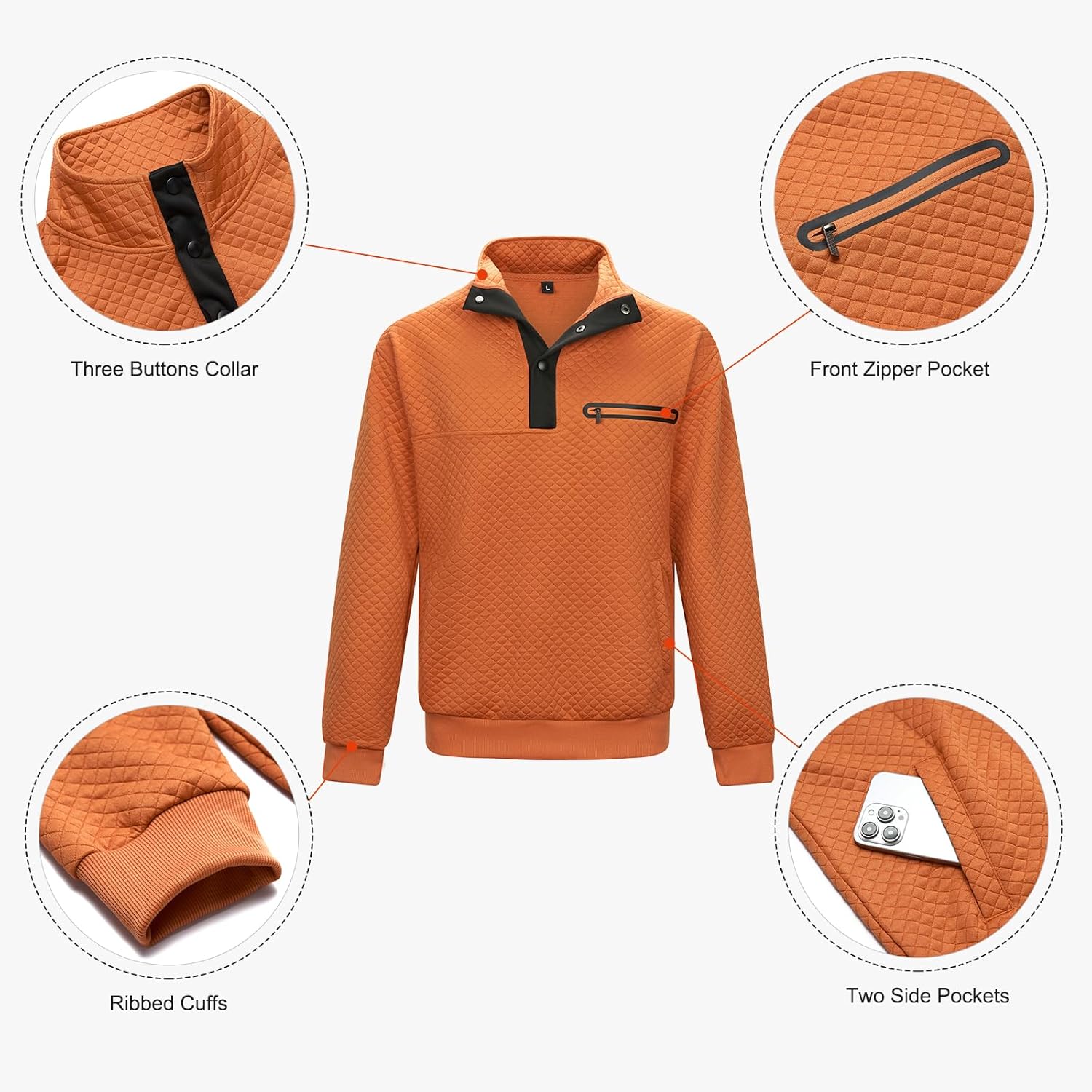 AOTORR Men's Quarter Collar Sweatshirt Casual Long Sleeve Waffle Outdoor Stand Collar Button Quilted Pullover Sweatshirts - Image 4