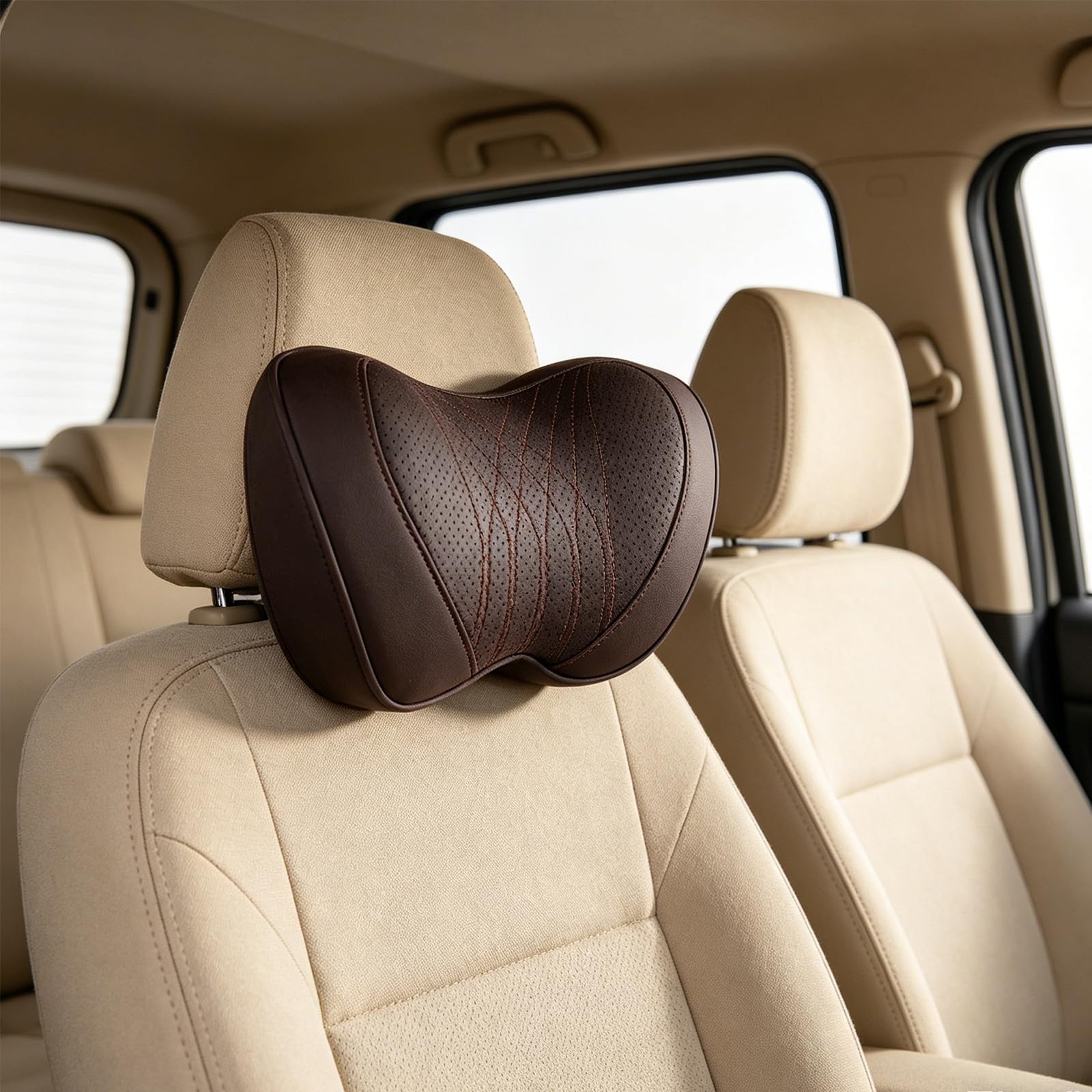 Beavorty Almohada Ergonómica para Cuello y Espalda para Coche con Espuma Viscoelástica y Cubierta de Cuero Extraíble, Correa Ajustable para Viajes en Carretera Cómodos