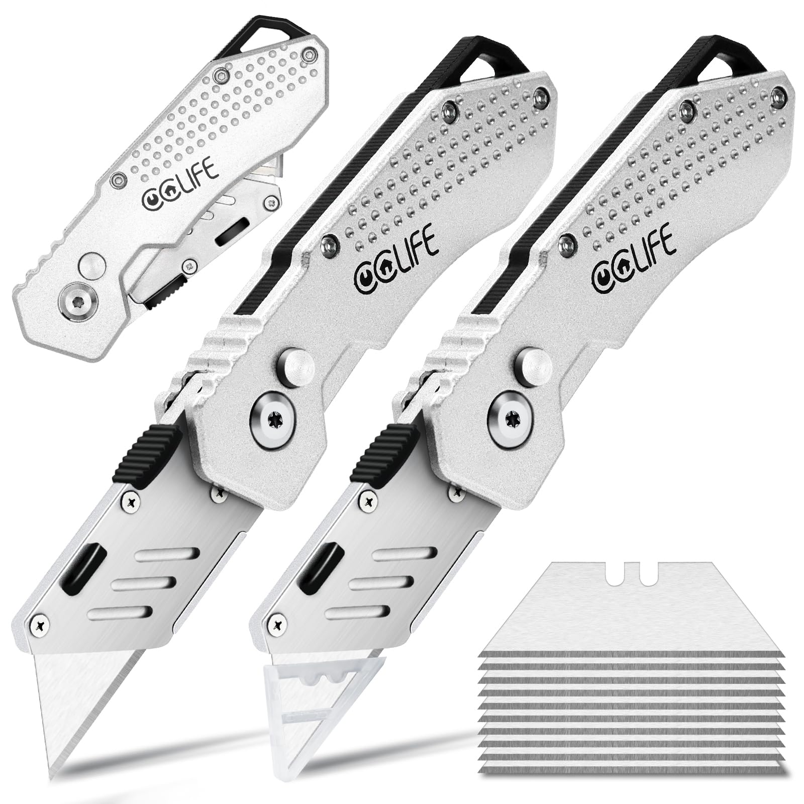 CCLIFE 2 Piezas Cutter Profesional Plegable Multiusos, Cúter Portátil con 10 Cuchillas Adicionales, Clip para Cinturón y Diseño de Bloqueo de Seguridad