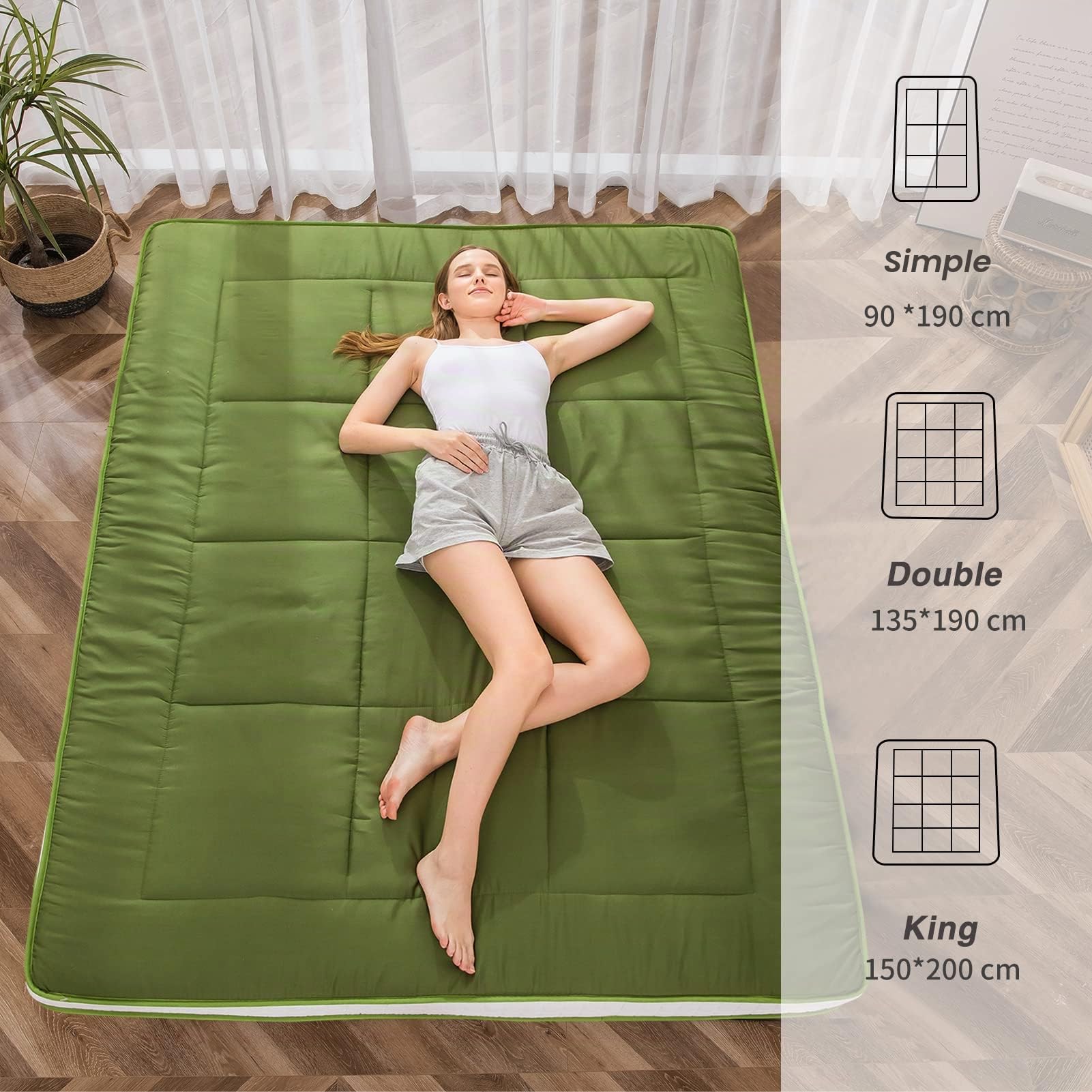 Maxyoyo Matelas futon japonais rembourré - Matelas de sol matelassé - Tapis de couchage pliable extra épais - Respirant - Lit d'invité, canapé, camping - Vert - King size