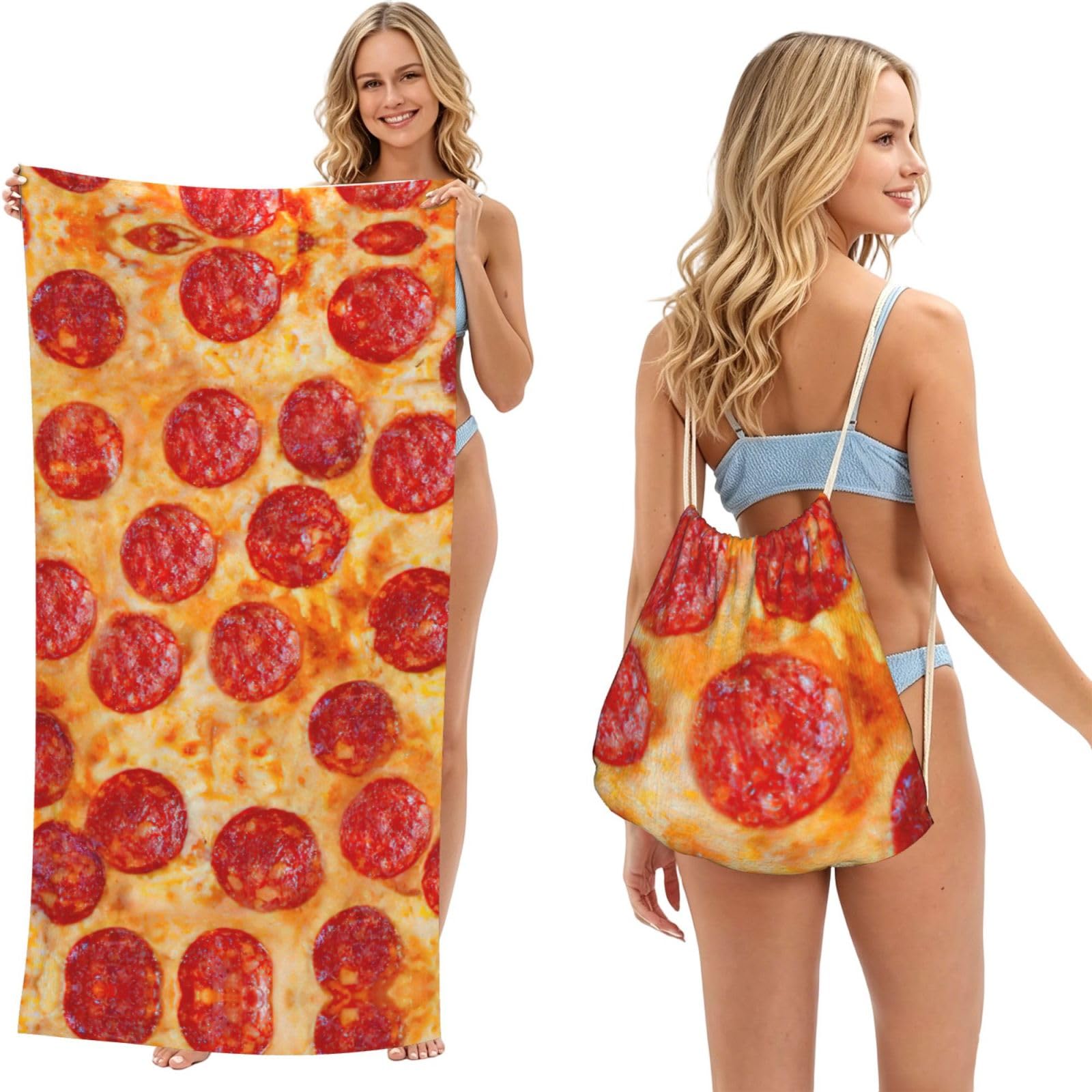 aacxzff 3D Pizza Pepperoni Print 2 in 1 Packable Towel Bag, Drawstring Beach Towel Backpack,80x160cm for Beach trips