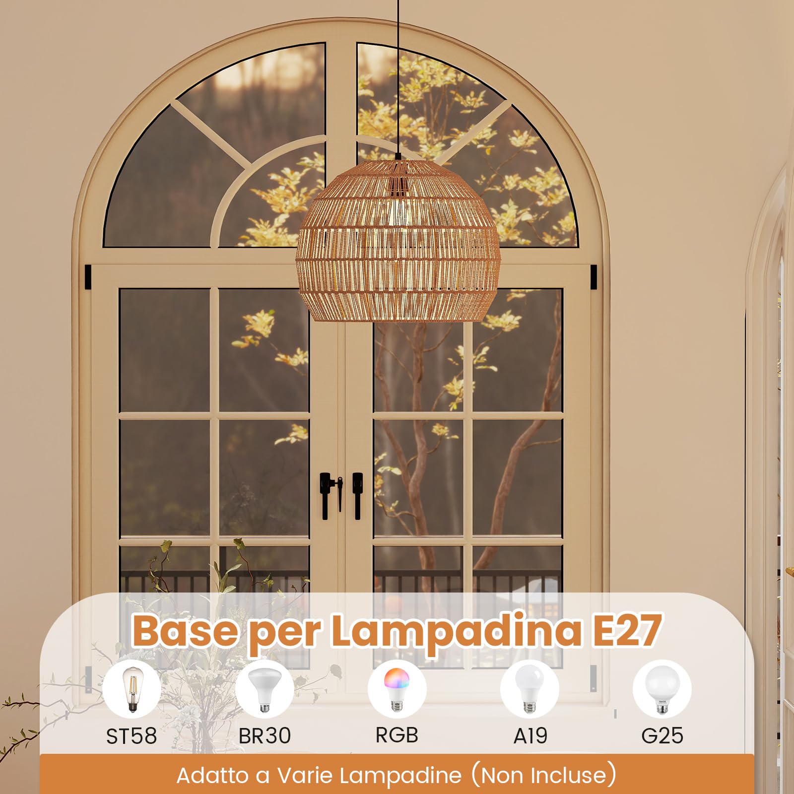 RELAX4LIFE Lampadario a Sospensione, Lampadario Soggiorno con Effetto Rattan Sintetico, Struttura in Metallo, Sile Boho, Lampada da Soffitto per Camera da Letto e Sala da Pranzo (Marrone)