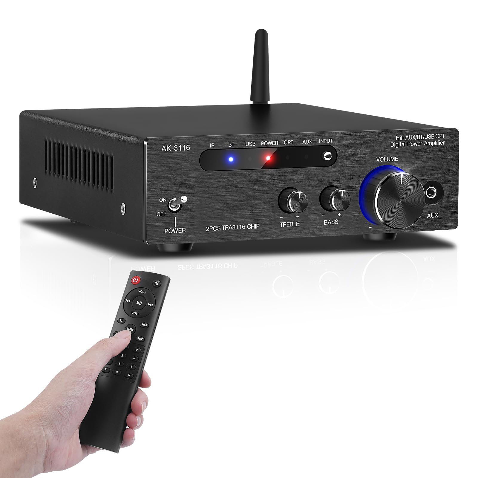 Amplificateur HiFi Bluetooth 5.0, AK-3116 Mini amplificateur Audio stéréo 2.0 canaux 100W x 2 récepteur amplificateur de Puissance numérique de Classe D avec Puce d'amplification TPA3116 Entrée BT