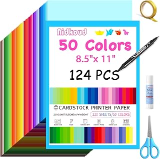 Nidkoud 124PCS 200GSM Colored Cardstock 8.5x11" - 50 Vibrant Colors Thick Printer Paper for Crafts, Scrapbooking, Kids Art & School Supplies