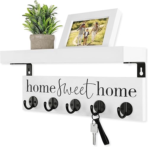 FIPUTE Soporte de pared para llaves, estante rústico con ganchos para abrigos, correas, madera de Paulownia con ganchos de metal para llaves mejora