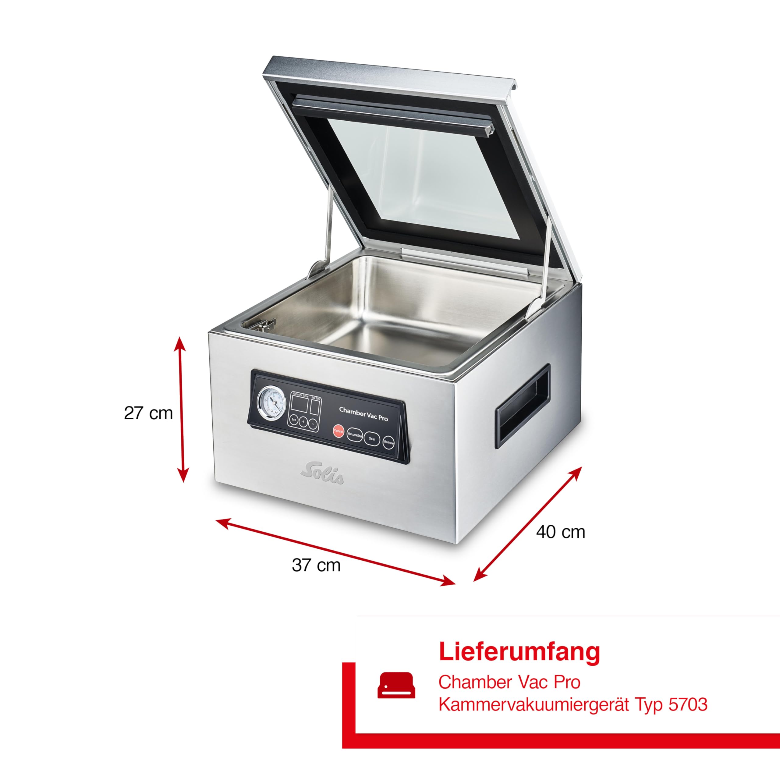 Solis Chamber Vac Pro 5702 Kammervakuumierer - Vakuumiergerät - Für Trockene und Feuchte Lebensmittel sowie Flüssigkeiten - Marinierfunktion - Inklusive 30 Vakuumbeutel - 7L Fassungsvermögen | 7L Kammer, 4 Pumpen, 350W, Flüssigkeiten vakuumieren, Marinier
