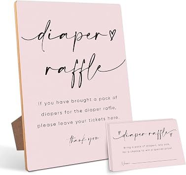 Baby Shower Diaper Raffle Game,Baby Shower Games,Baby Shower Decorations,Baby Shower Signs,Gender Reveal Decorations,1 Wooden Play Sign with Stand and 50 Diaper Raffle Tickets SetPink08