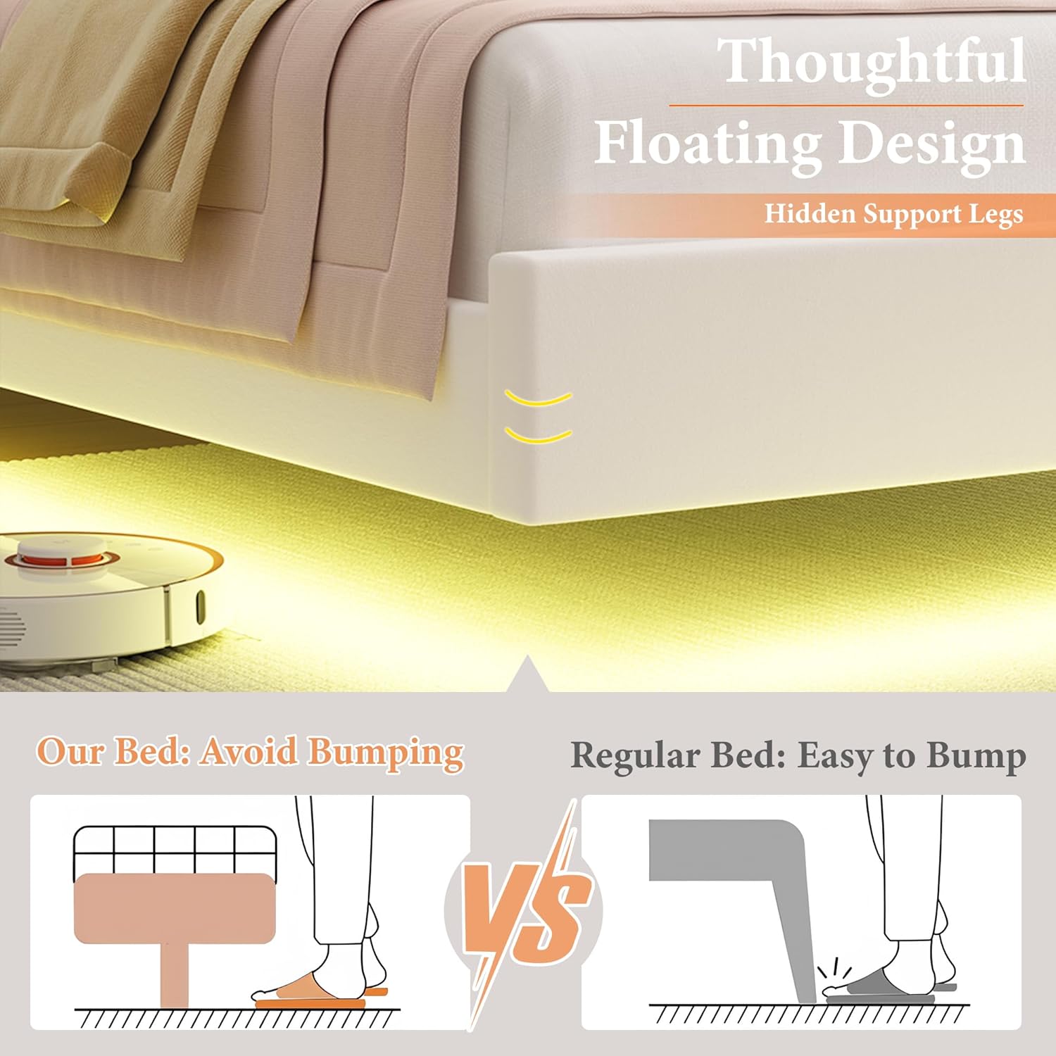 HIFIT 2 Set Upholstered Twin Size LED Bed Frame with Charging Station, Adjustable Crystal-Tufted Puffs Headboard, Velvet Girls Floating Twin Platform Bed Frames for Kids with Under Bed Lights, Beige