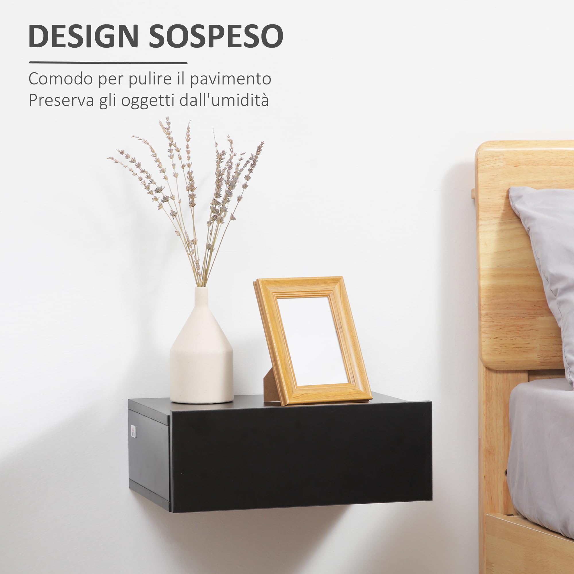 HOMCOM Set 2 Comodini Sospesi con Cassetti, Comodini Camera da Letto in Truciolato, Stile Moderno, 40x30x15 cm, Nero