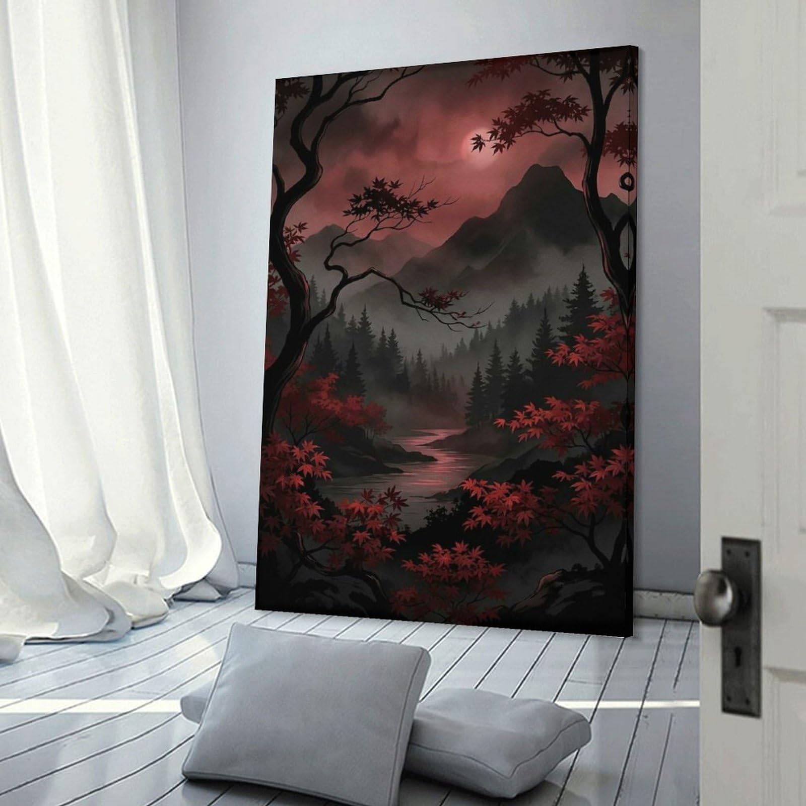 Junmoney Canvas Wall Picture Misty Mountain Landscape with Red Foliage, 20x30inch(50x75cm), for Study, Office Or Focused Interiors, Wall Art That Adds Style to Work Areas