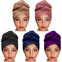 ZRQ 5 Pieces African Womens Head Waps Stretch Turban Hijab Soft and Breathable Super Long Scarf Solid Color Combination Suitable for Women Black,Camel,Dark powder,Dark Blue,Dark Purple