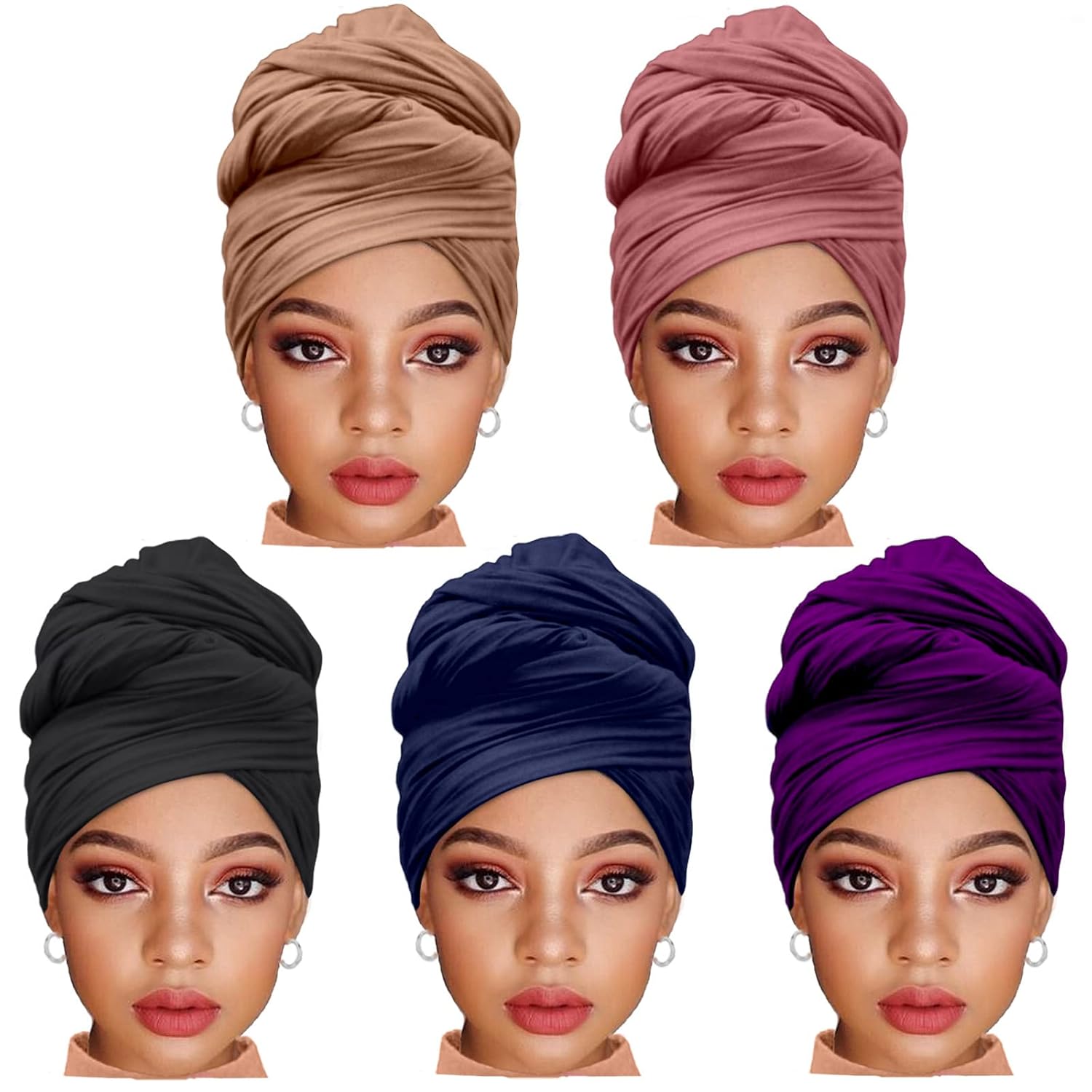 ZRQ 5 Pieces Stretch Jersey Turban Fashion Headband Soft Breathable Long Scarf Lightweight and Comfortable Tie Head Wraps for Black Women (Black, Army Green, Dark Pink, Dark Purple, Turmeric)