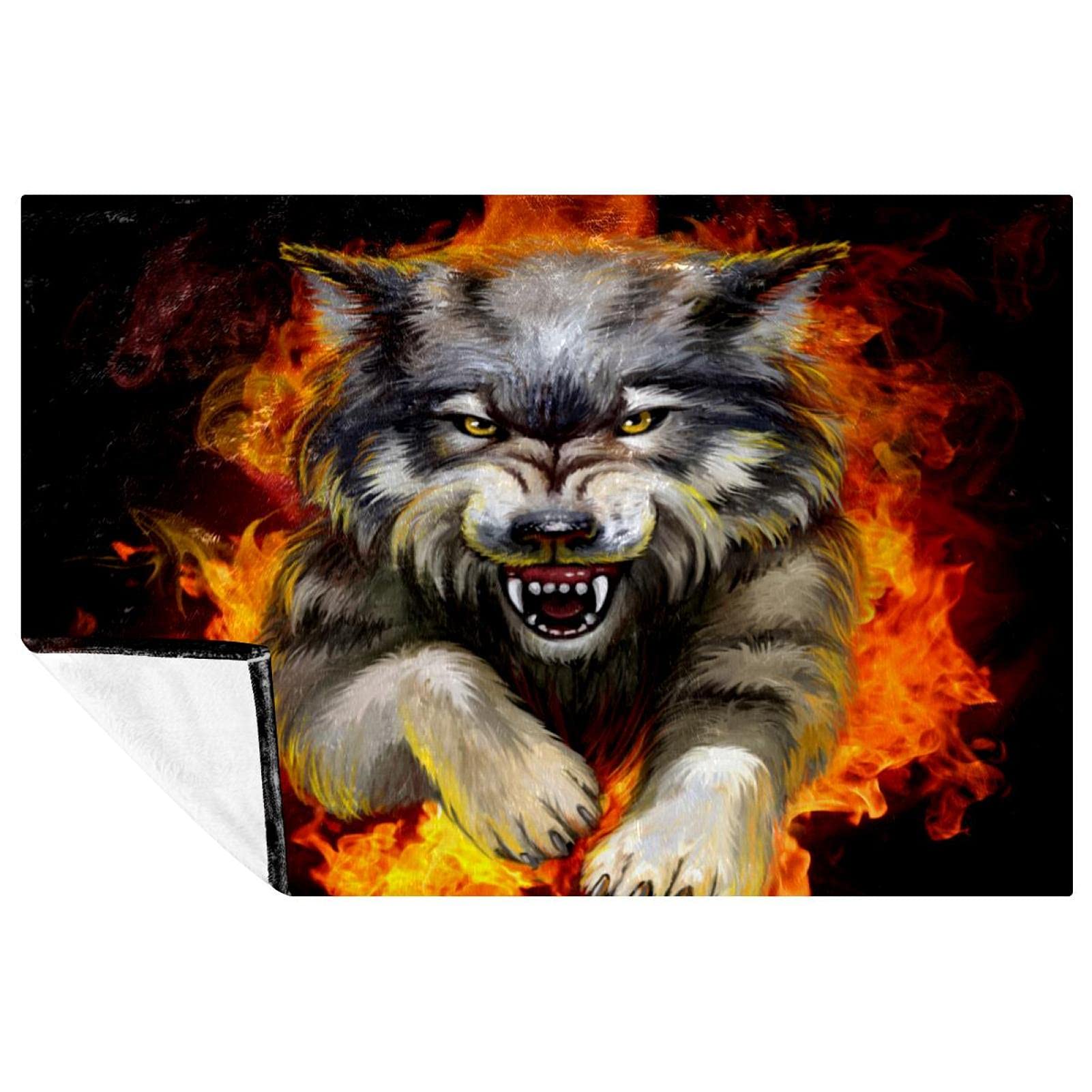 Couverture loup en colère et feu plaid chaud pour lit et camping sauvage
