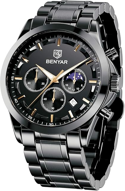 BY BENYAR Mens Watches Chronograph Stainless Steel Waterproof Date Analog Quartz Watch Business Casual Fashion Wrist Watches for Men