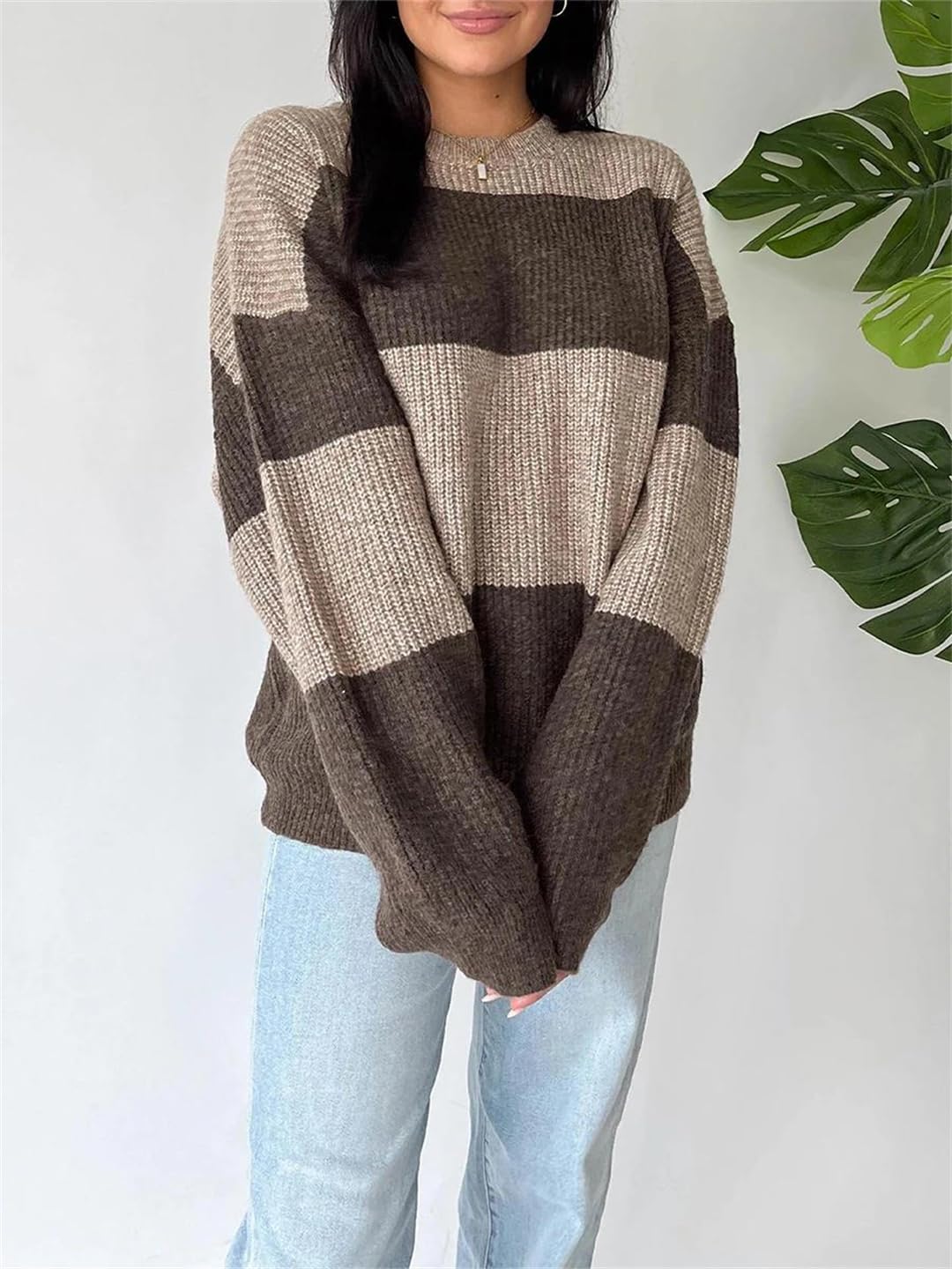 Damski sweter w jednolitym kolorze zimowy luźny długi rękaw modny dzianinowy S oversize sweter z prążkowanym okrągłym dekoltem