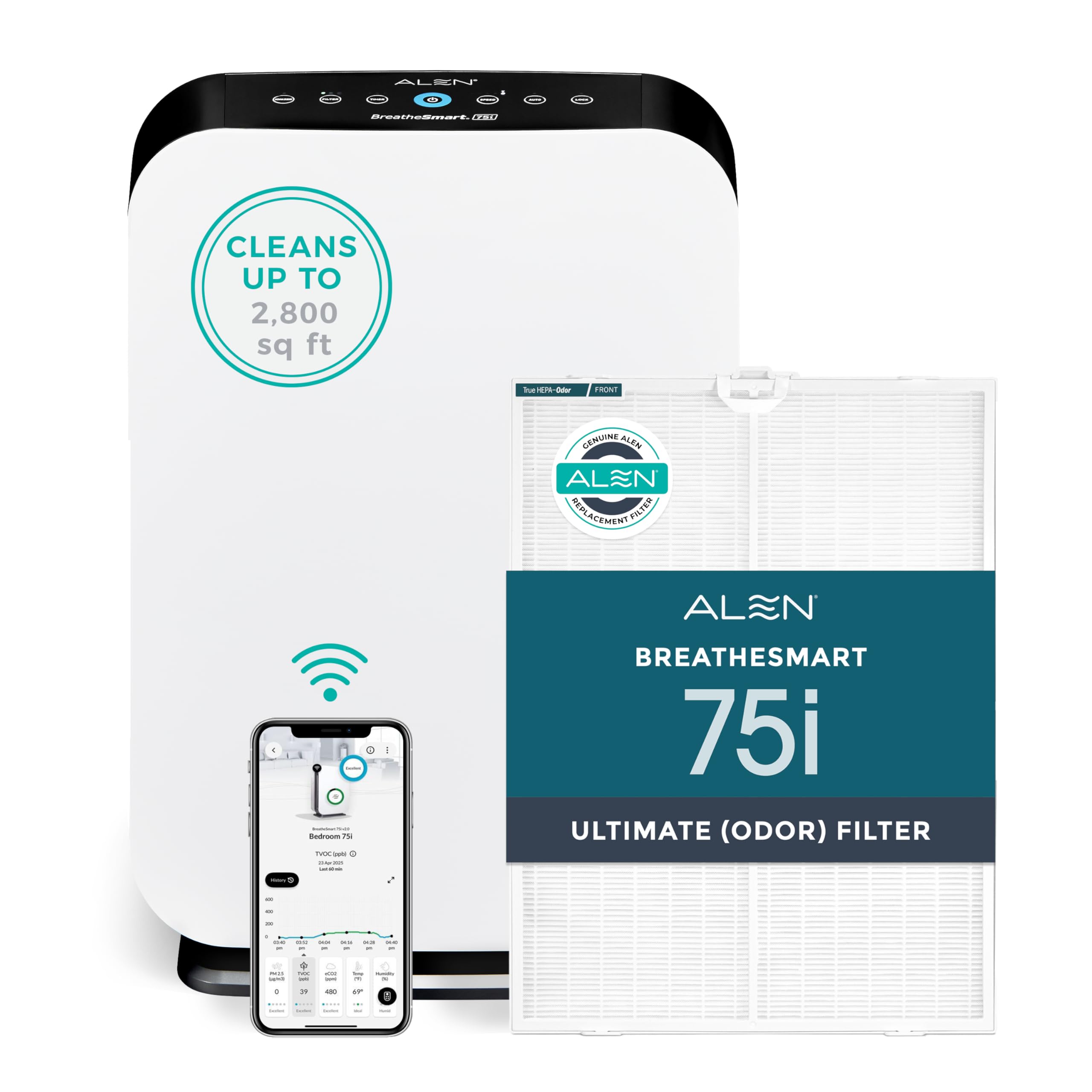 Alen Air Purifier BreatheSmart 75i HEPA with Odor Filter for Large Rooms up to 2800 Sq Ft -