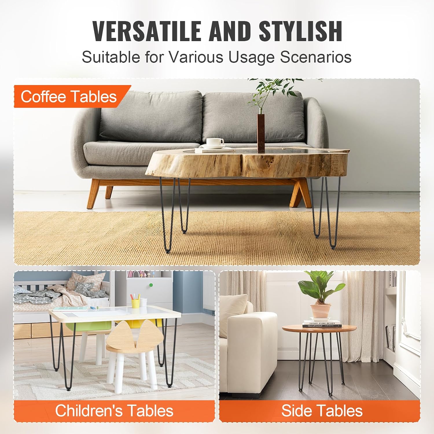 VEVOR 19" Hairpin Furniture Legs, Metal Home DIY Projects for Nightstand, Coffee Table, Desk, 500lbs Load Capacity with Rubber Floor Protectors, Metal Heavy Duty Sturdy Modern Table Legs, 4PCS Black