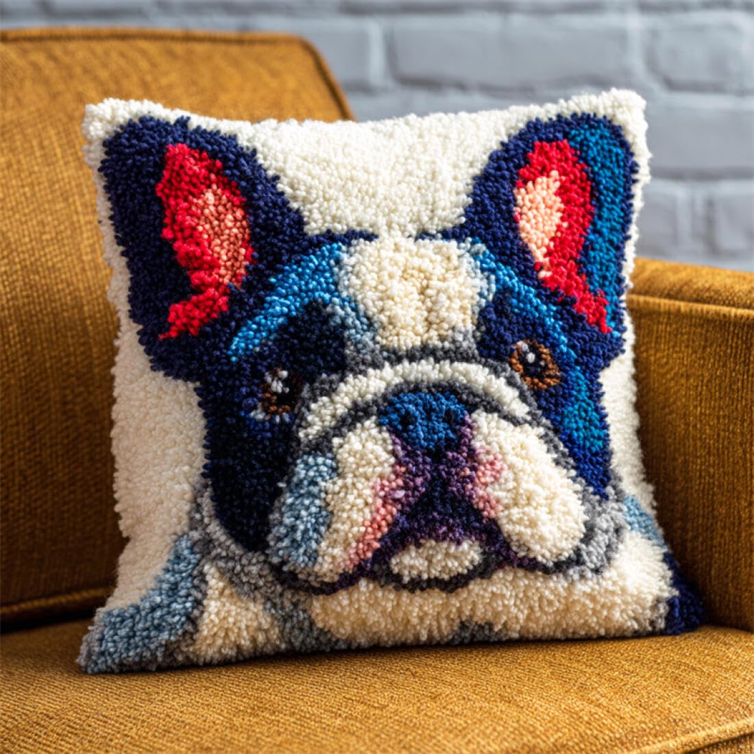 Kitquiver Animal Latch Hook Pillow Kit Cartoon Dog DIY Latch Hook Kits Pillow Printed Cushion Crochet Yarn 3D Embroidery Set Pillowcase Rug Home Decor 17x17In