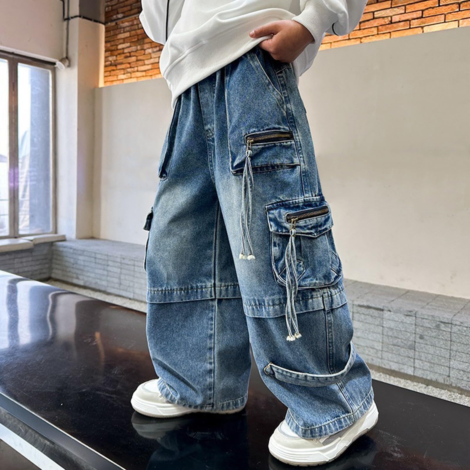 Pantalon Vaquero Invierno Niño Elastico Largo Baggy Pantalon Denim Niño con Goma Comodo Holgados Colegio Casual Lindo Otoño