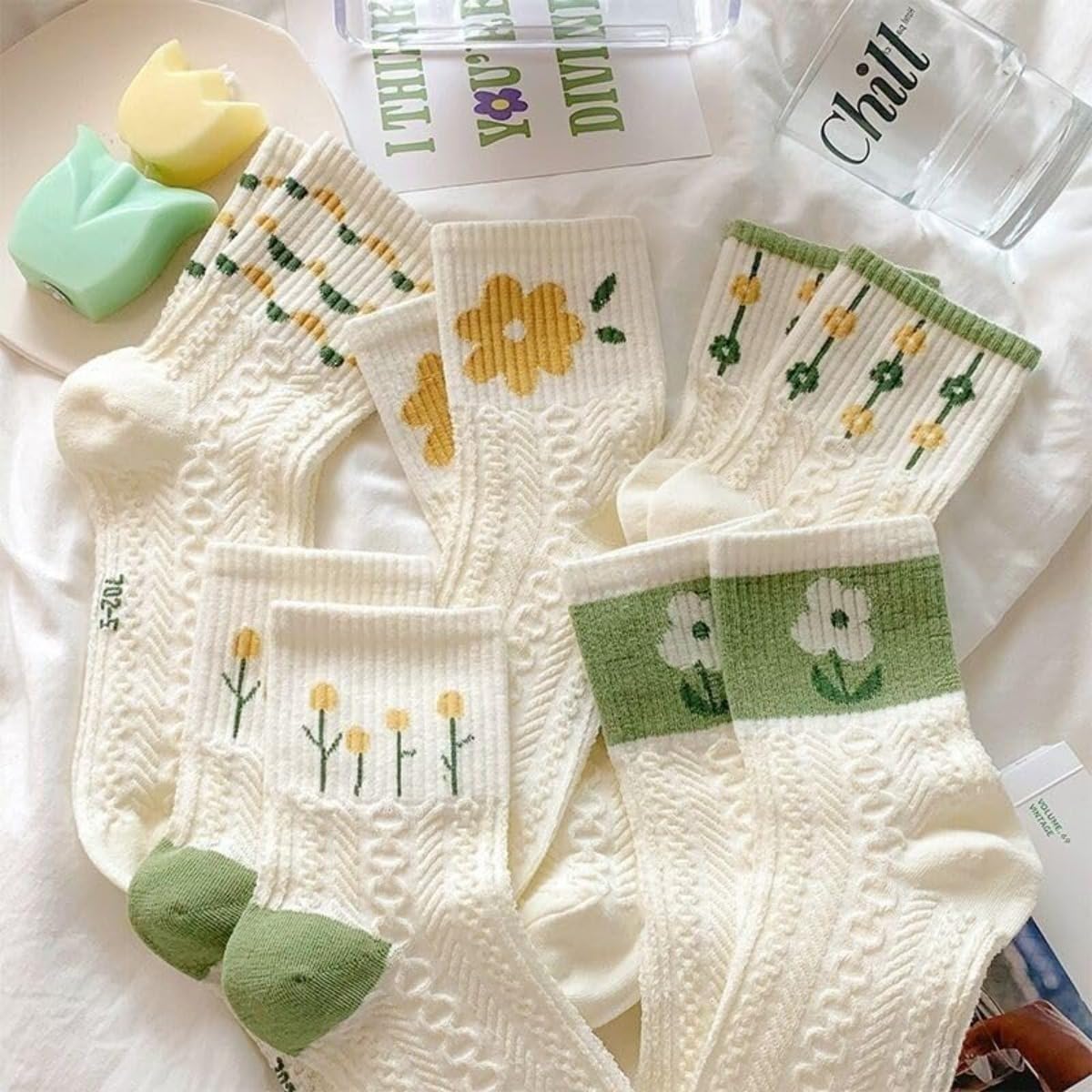 5 Pair Cute Ankle Socks for Women - Knitted Floral Pattern Cute Cottagecore Socks for Casual Wear - Image 3