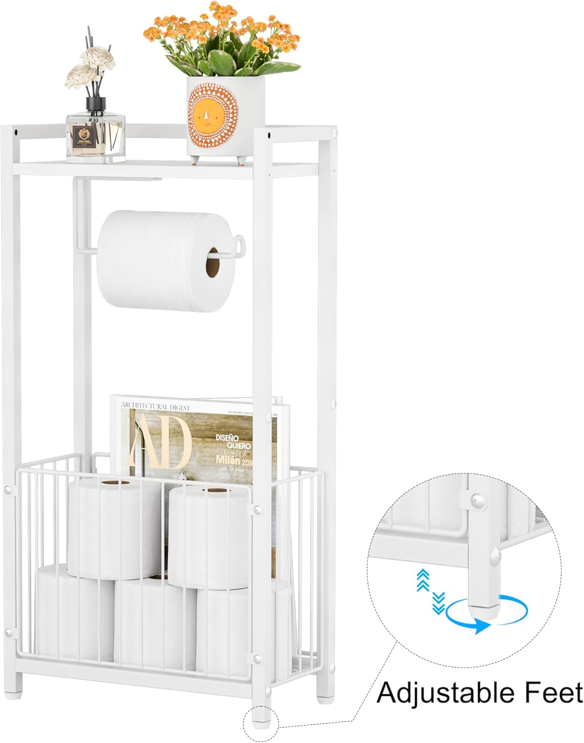 Freestanding Toilet Paper Holder with Storage Shelf - All-in-One Toilet Roll Dispenser and Organizer for Bathroom Tissue Stand with Space for Phone Wipes Magazines (White)