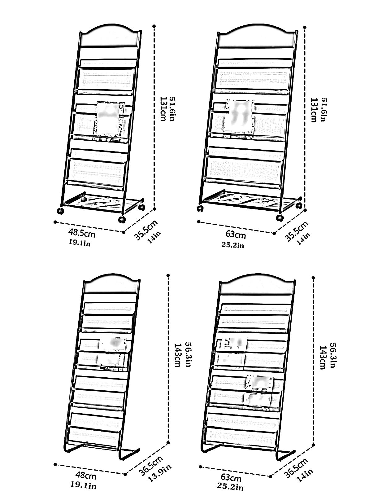 Porte-Brochures 4 Poches En Fer Avec Roulettes - Support Revues A4 Noir 63x34x147cm Pour Accueil Et Salles D'Attente