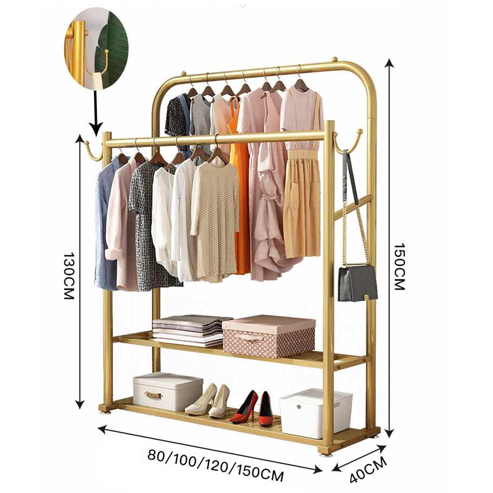 Kleiderständer Doppelschienen Kleiderständer Kleiderständer aus Metall mit 2-stöckigen Regalen Hochleistungs-Kleider-Organisator-Rack für Schlafzimmer-Kleiderständer zum Aufhängen von Kleidung, Gold