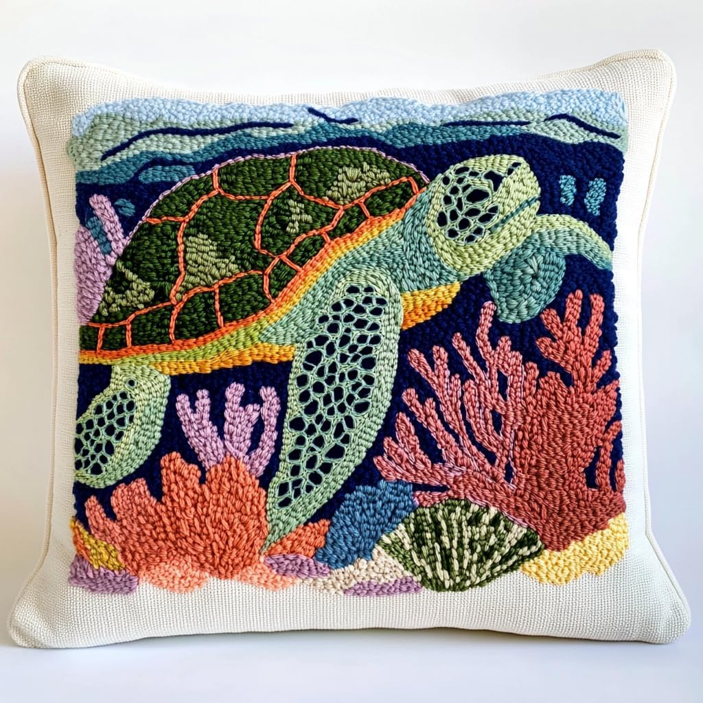 DIY Punch Needle Pillow Kit Green Sea Turtle and Corals with Pattern and Hoop Handmade Embroidery Punch Needle Starter Pillowcase Set for Home Sofa Decor 43x43cm-1-10